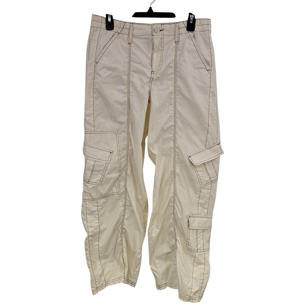 Forever‎ 21 Cargo Pants Women L Beige Twill Baggy Straight Leg Contrast Stitch